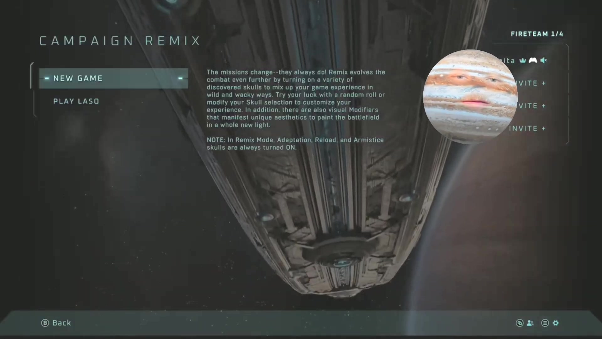 Campaign Remix main-menu panel with New Game selected