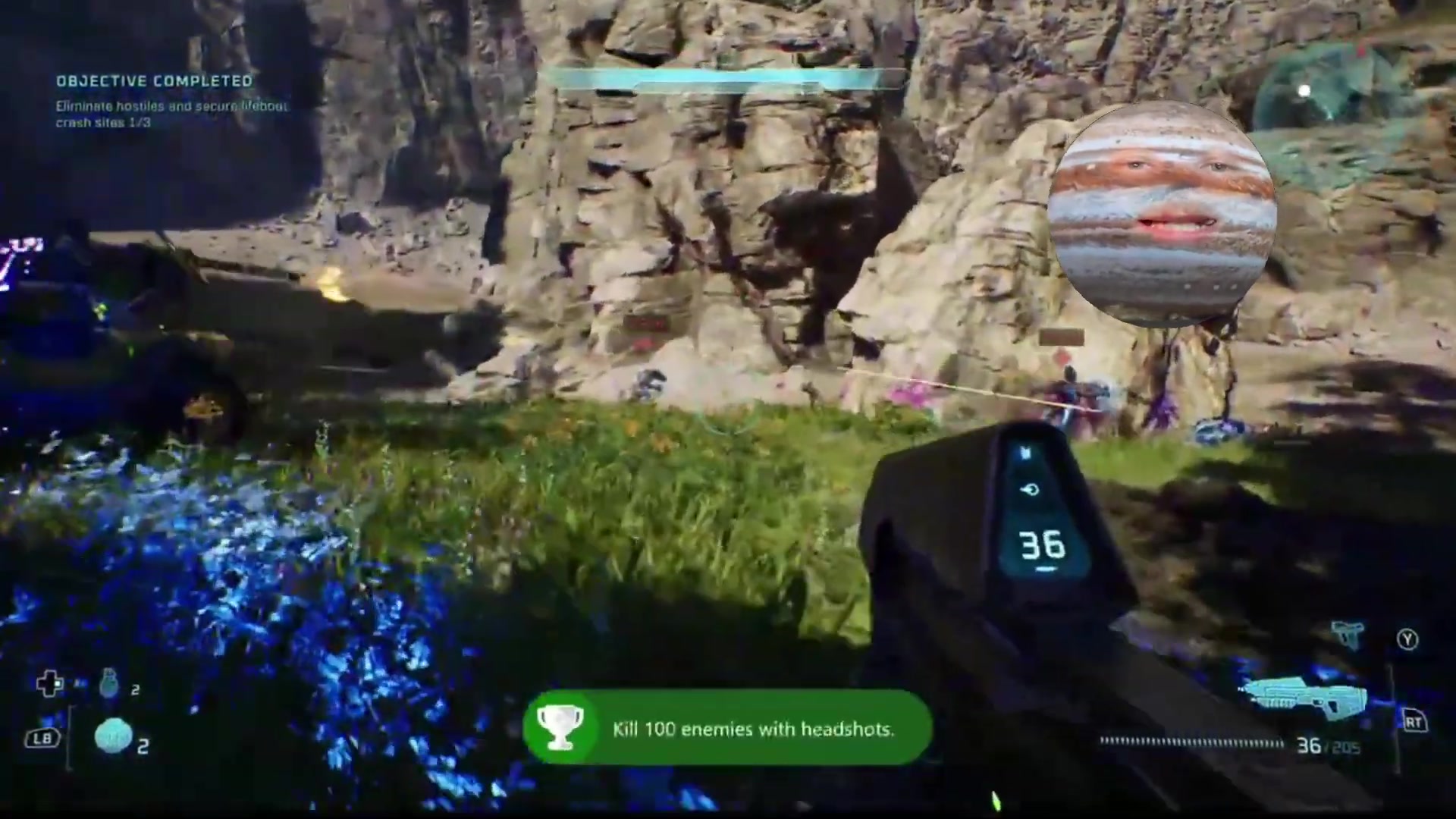 The Make Them Count notification and its 100-headshot requirement shown over campaign combat.