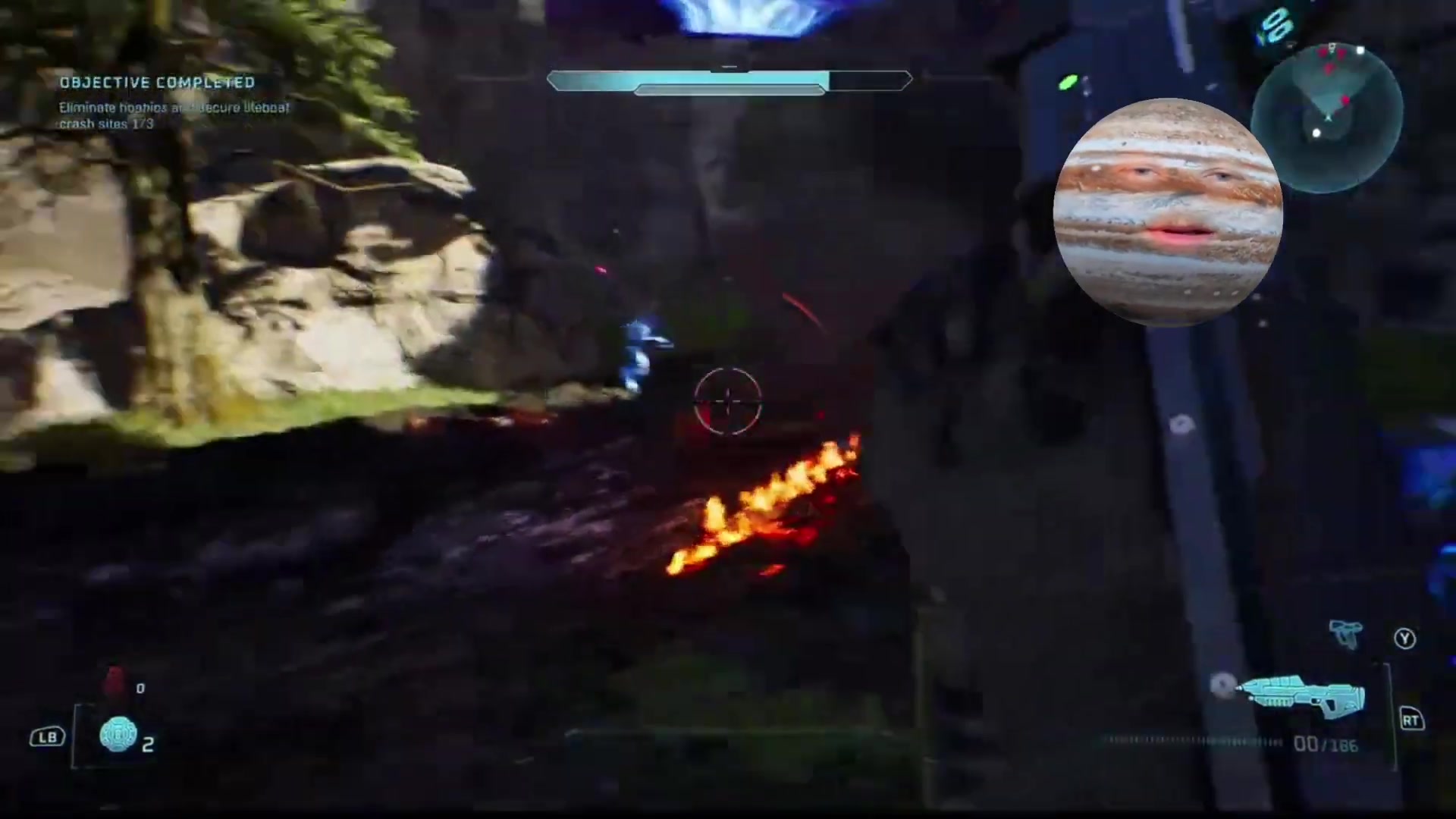 First-person campaign combat with the reticle held at enemy head height.
