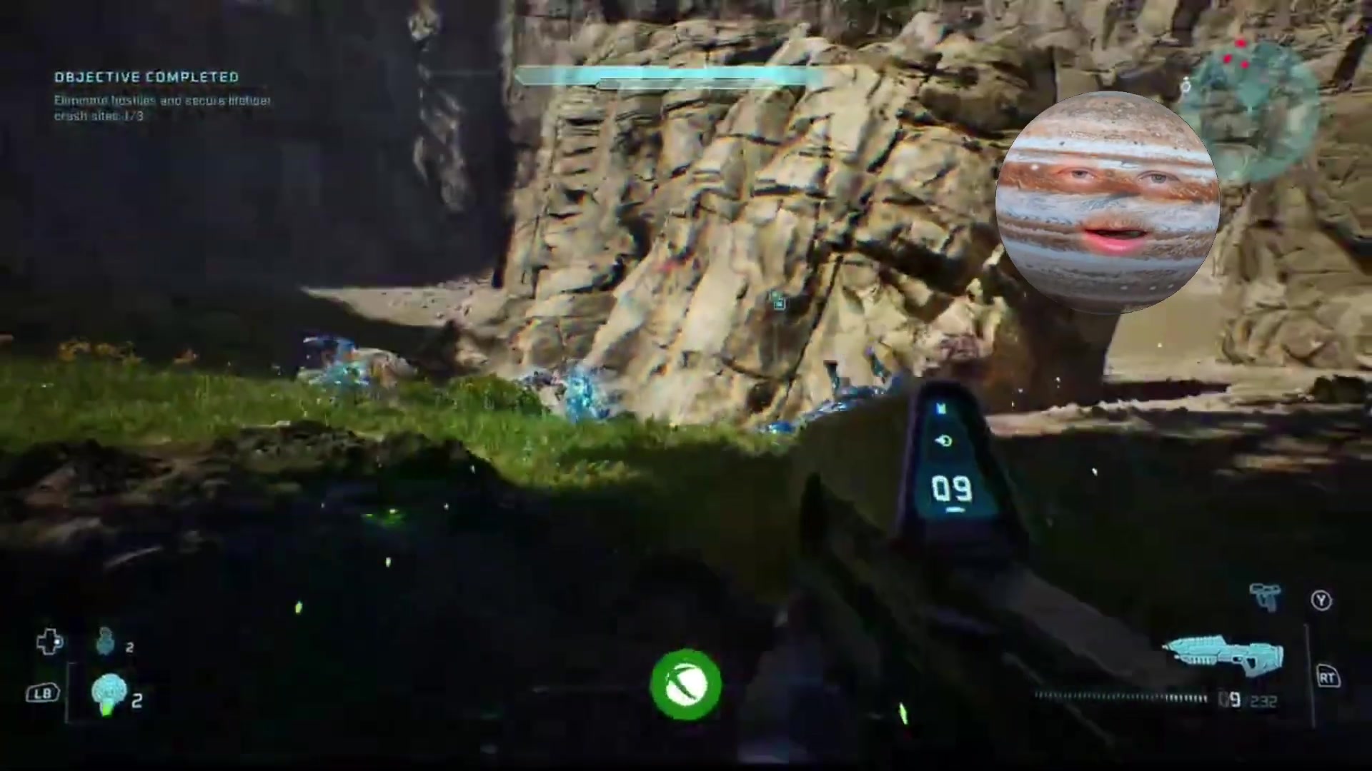 Campaign combat at the end of the demonstrated 100-headshot achievement route.