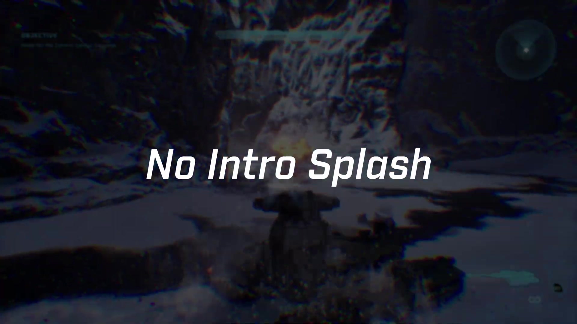 The No Intro Splash Screen title card shown against the game's startup presentation, identifying the launch-time tweak.