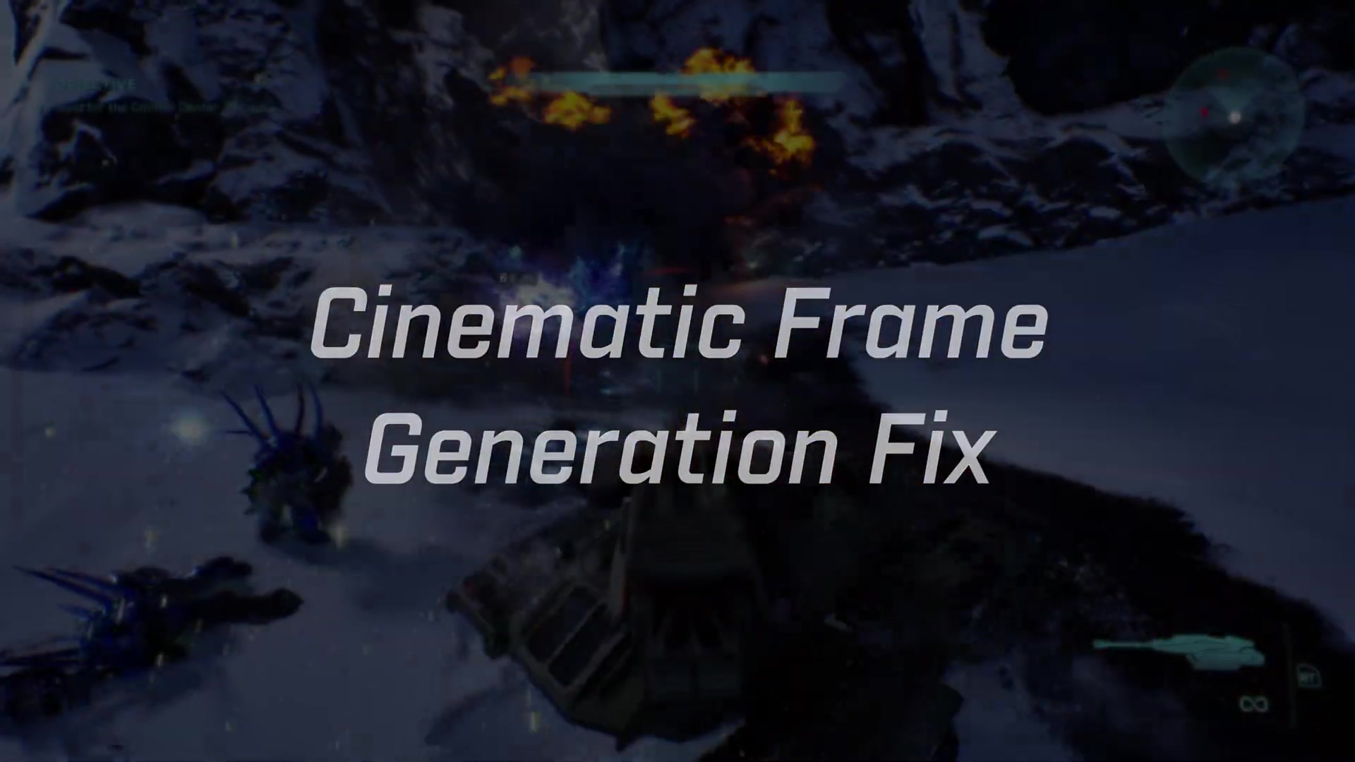 The Cinematic Frame Generation Fix title card over a letterboxed cutscene, matching the source's 30-to-60 fps explanation.