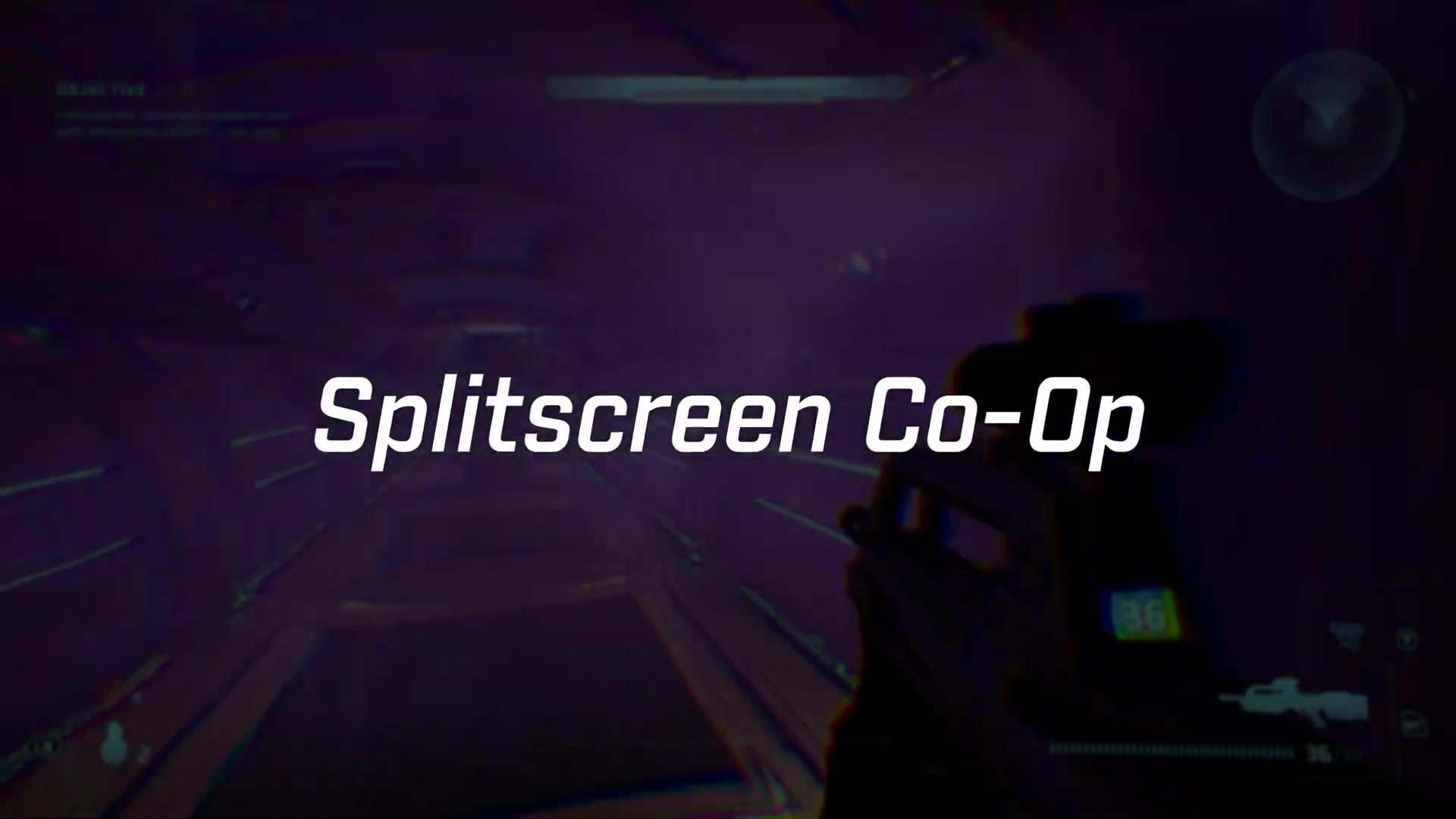 Two active gameplay views divided across one screen during the Split-Screen Co-op mod demonstration.