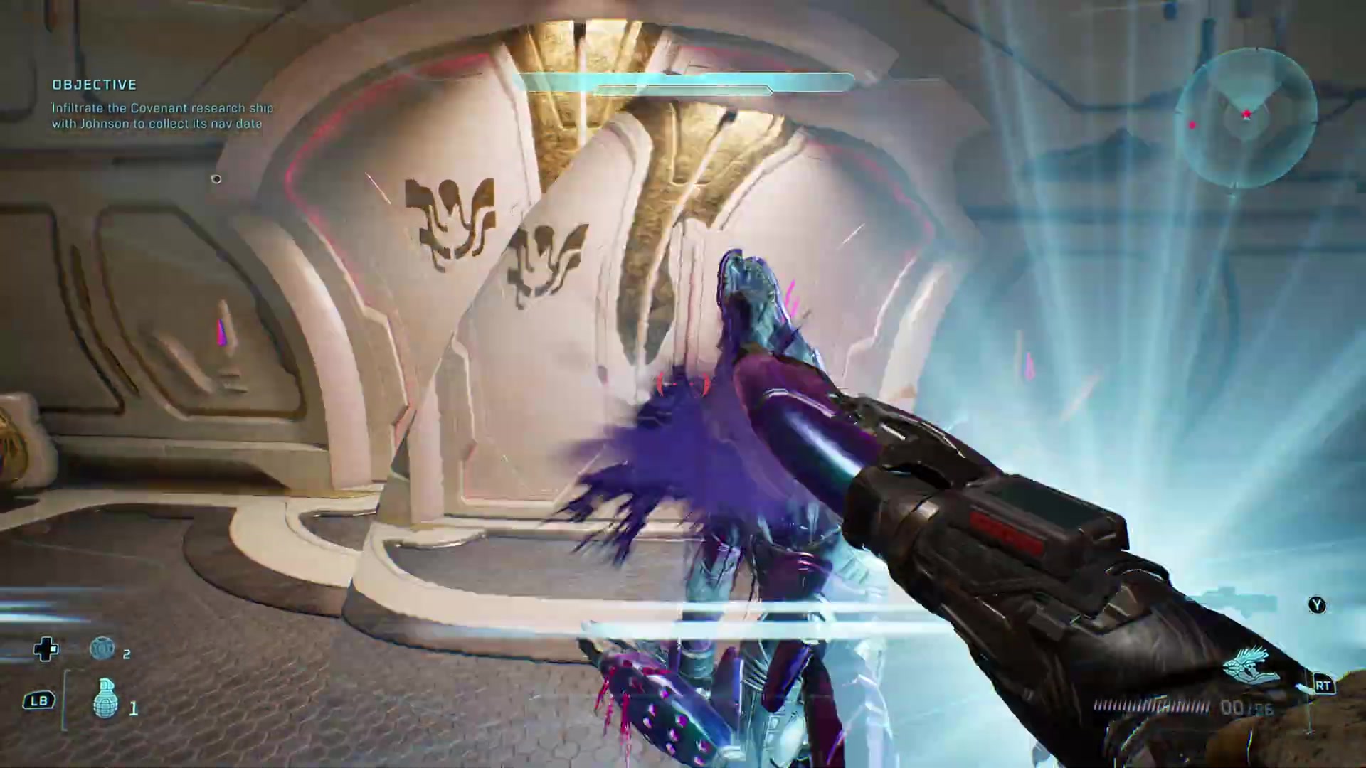 First-person firing view of Johnson's purple Stanchion weapon during the source demonstration.