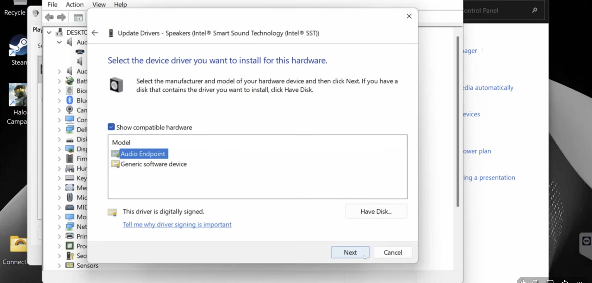 Windows Device Manager driver picker listing compatible audio endpoint drivers