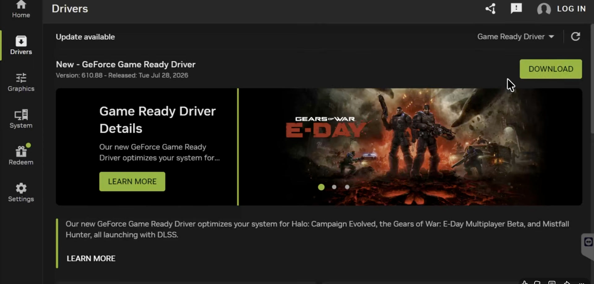 NVIDIA App Drivers page showing a Game Ready Driver update available