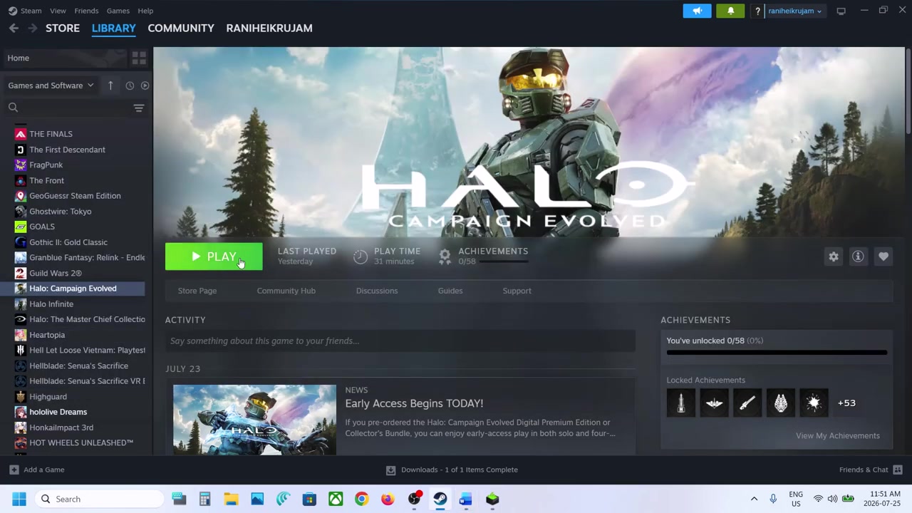 Steam client showing the game library, where the source starts by closing and relaunching Halo Campaign Evolved