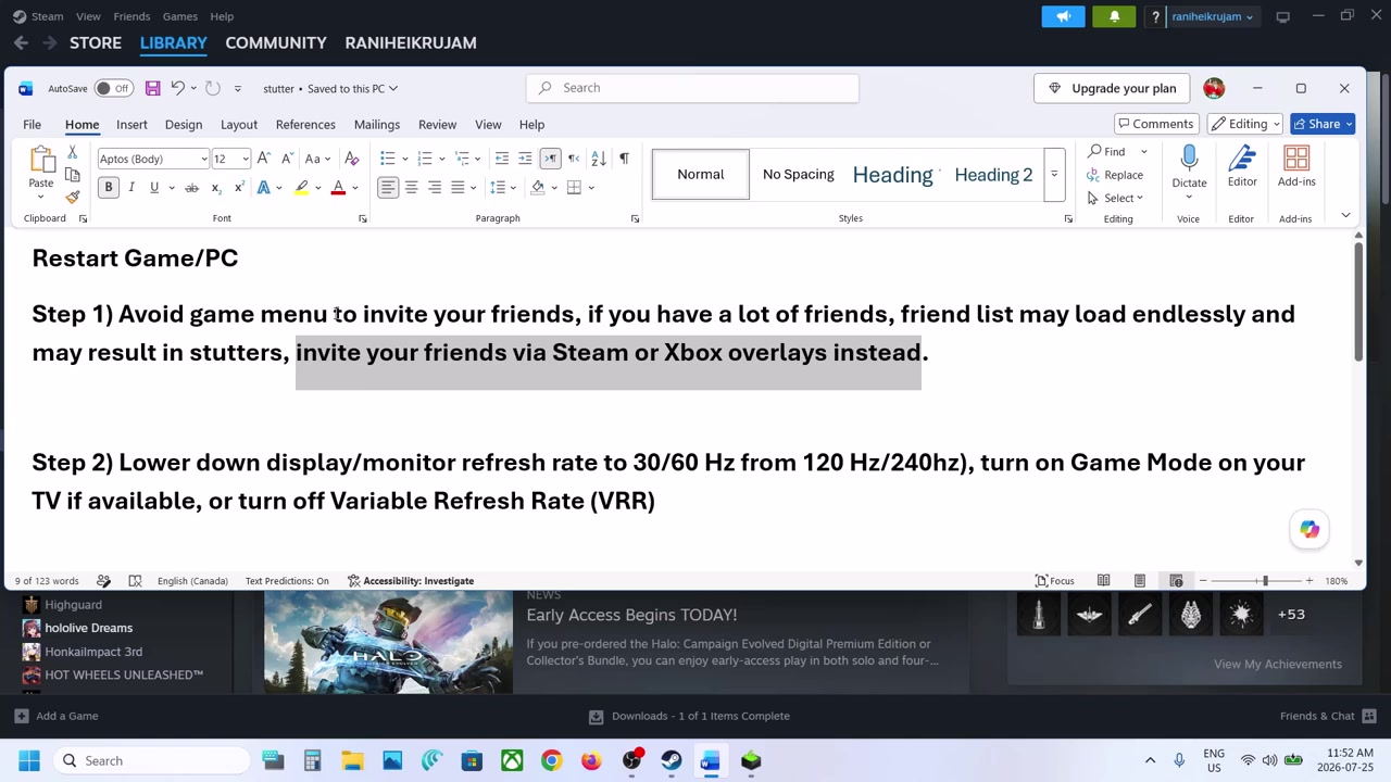 Steam library with the overlay context, showing where co-op players are invited outside the in-game menu
