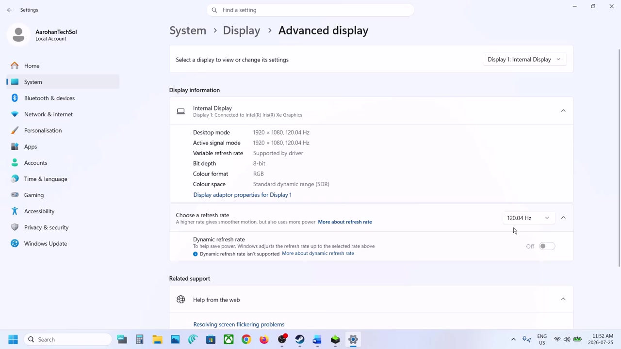 Windows Settings Advanced display page showing the display refresh-rate selector