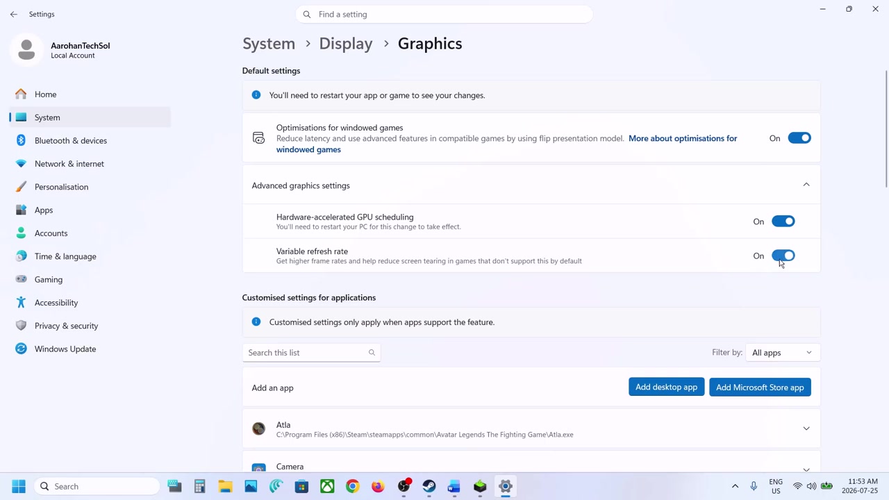Windows Settings Graphics page showing the variable refresh rate toggle and windowed-game optimizations
