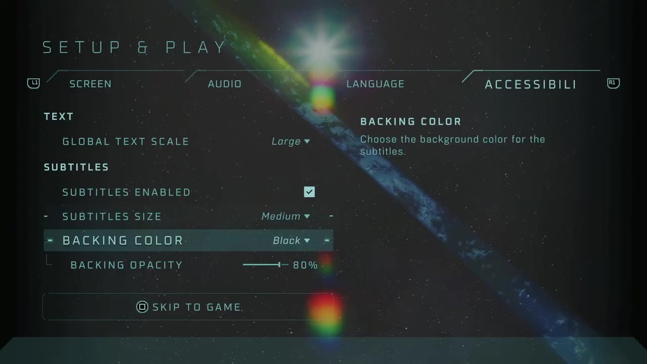 Accessibility settings showing the global text scale, subtitle size, backing color, and backing opacity