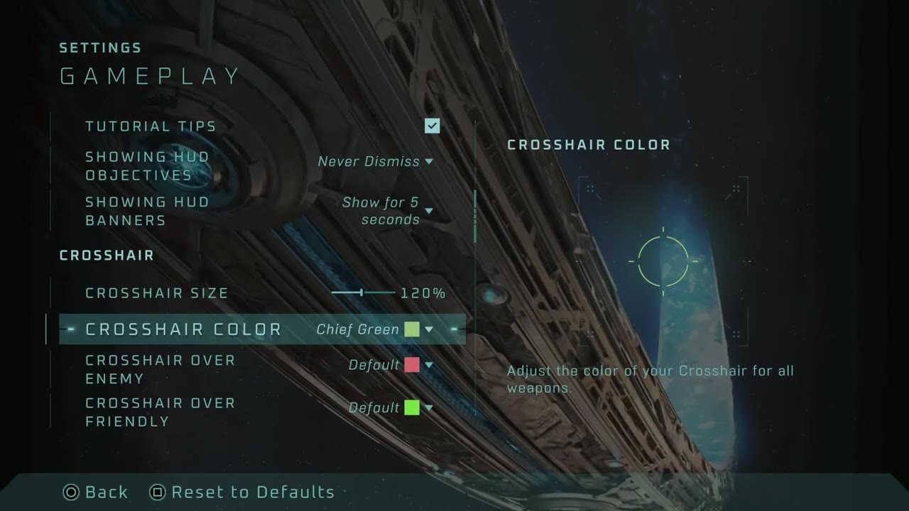 Gameplay settings showing crosshair color, crosshair size, and enemy/friendly crosshair markers