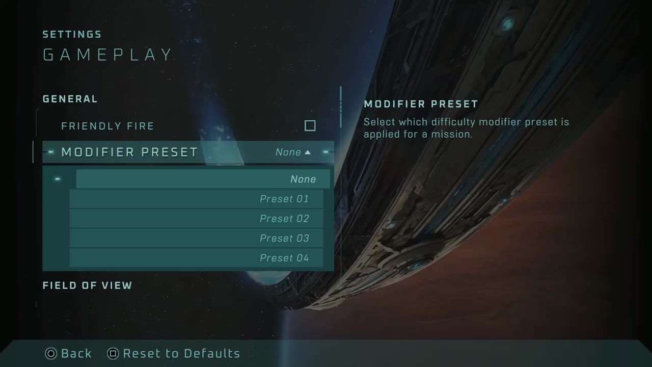 Gameplay general settings showing the modifier preset selector and friendly fire option