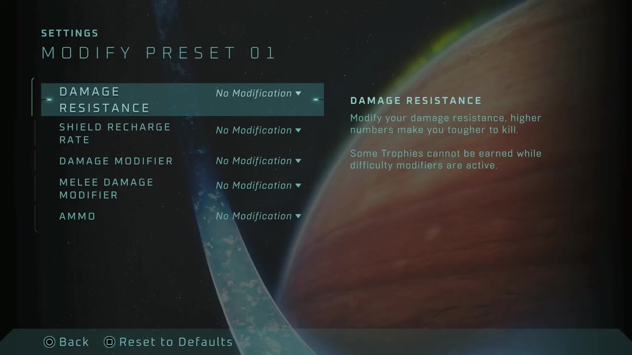 Difficulty preset screen showing shield recharge rate, damage modifier, melee damage modifier, and ammo
