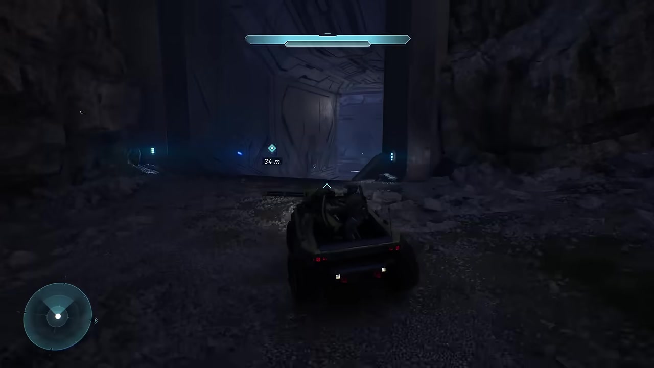 Master Chief inside an unnatural Forerunner passage on Halo's surface