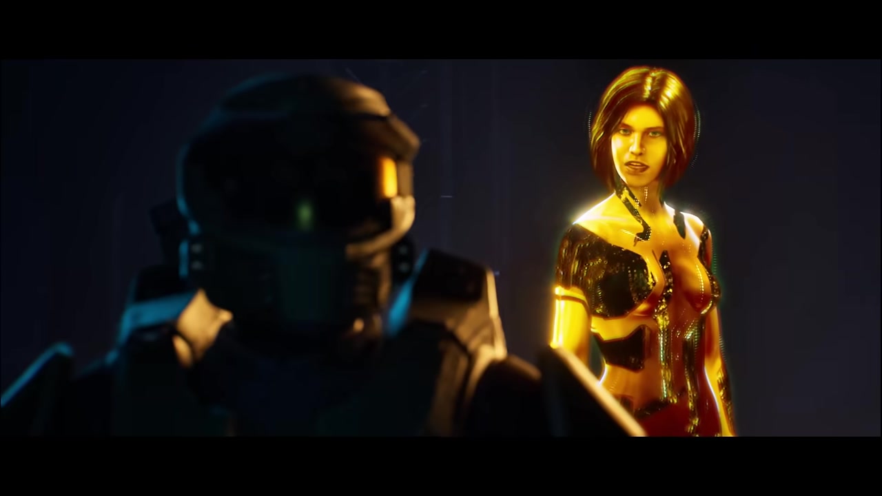 The Library's energy corridors as Cortana interrupts Guilty Spark with the truth about Halo
